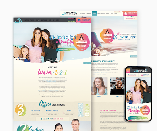 the various elements of the home page of caudill and mcneight orthodontics in html and mobile format