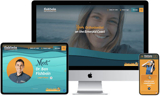 the various elements of the home page of fishbein orthodontics in desktop, tablet, and mobile format