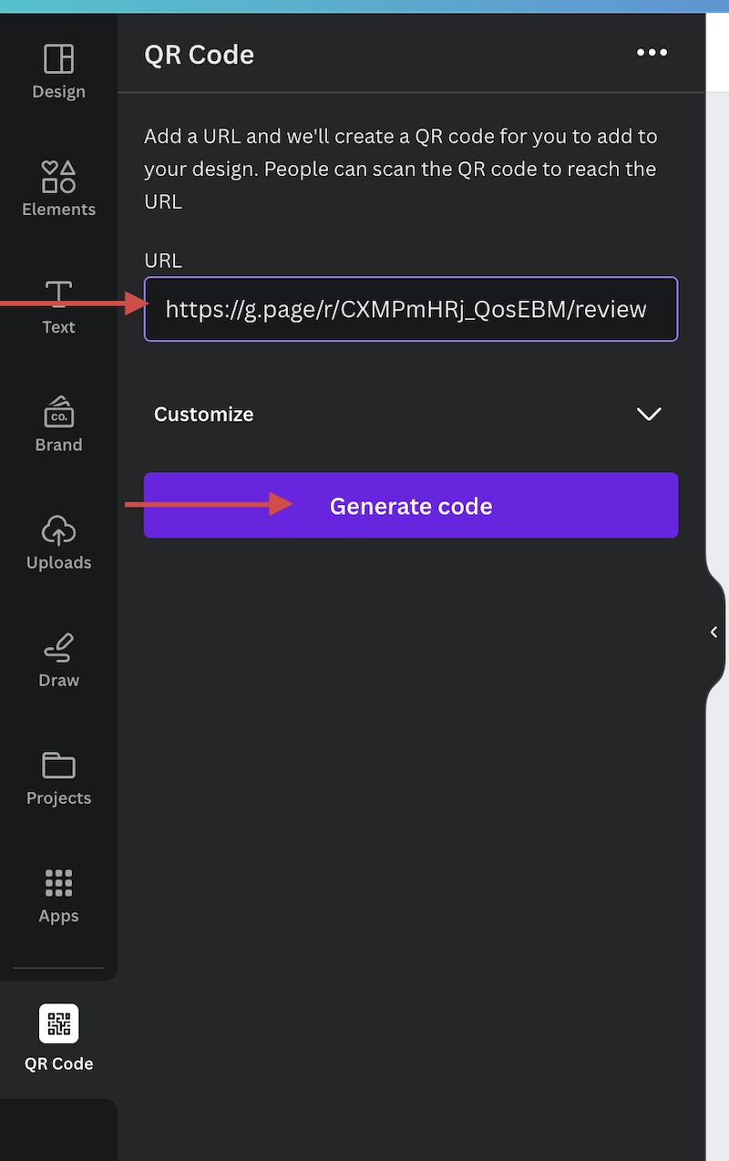 Screenshot showing how to generate QR code