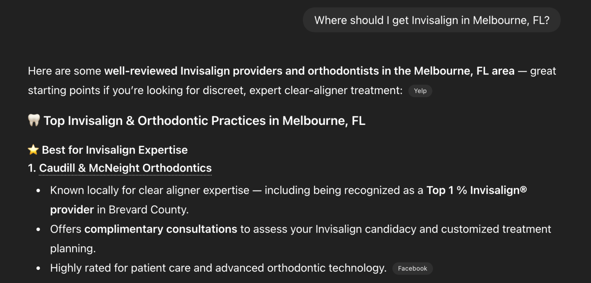 Screenshot of ChatGPT declaring Caudill & McNeight Orthodontics (enox's partner for over 10 years) as the best place to get Invisalign in Melbourne, FL