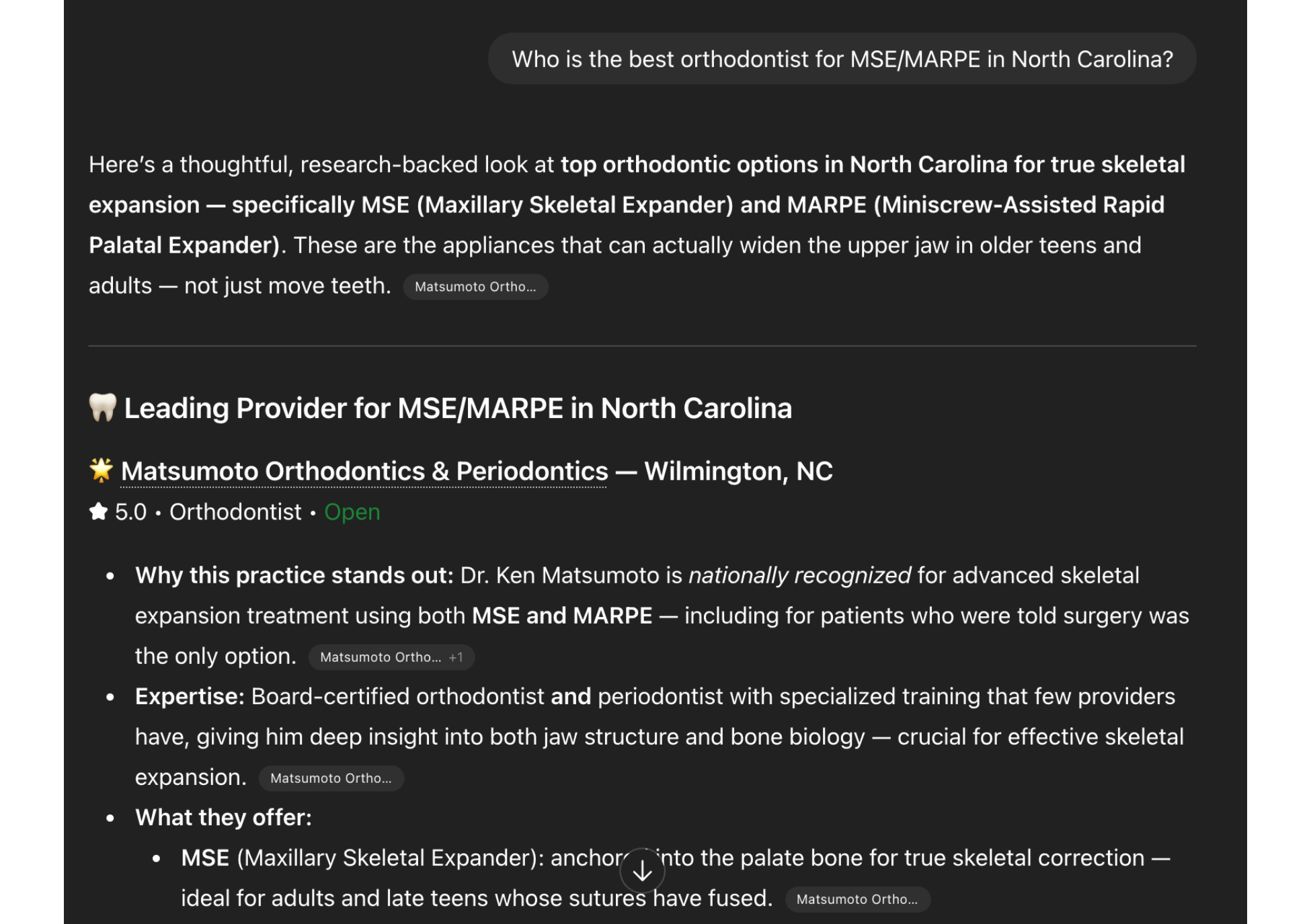 Screenshot of Dr. Matsumoto (enox's partner) showing up as #1 on ChatGPT results for query "who is the best orthodontist for MSE/MARPE in North Carolina?"